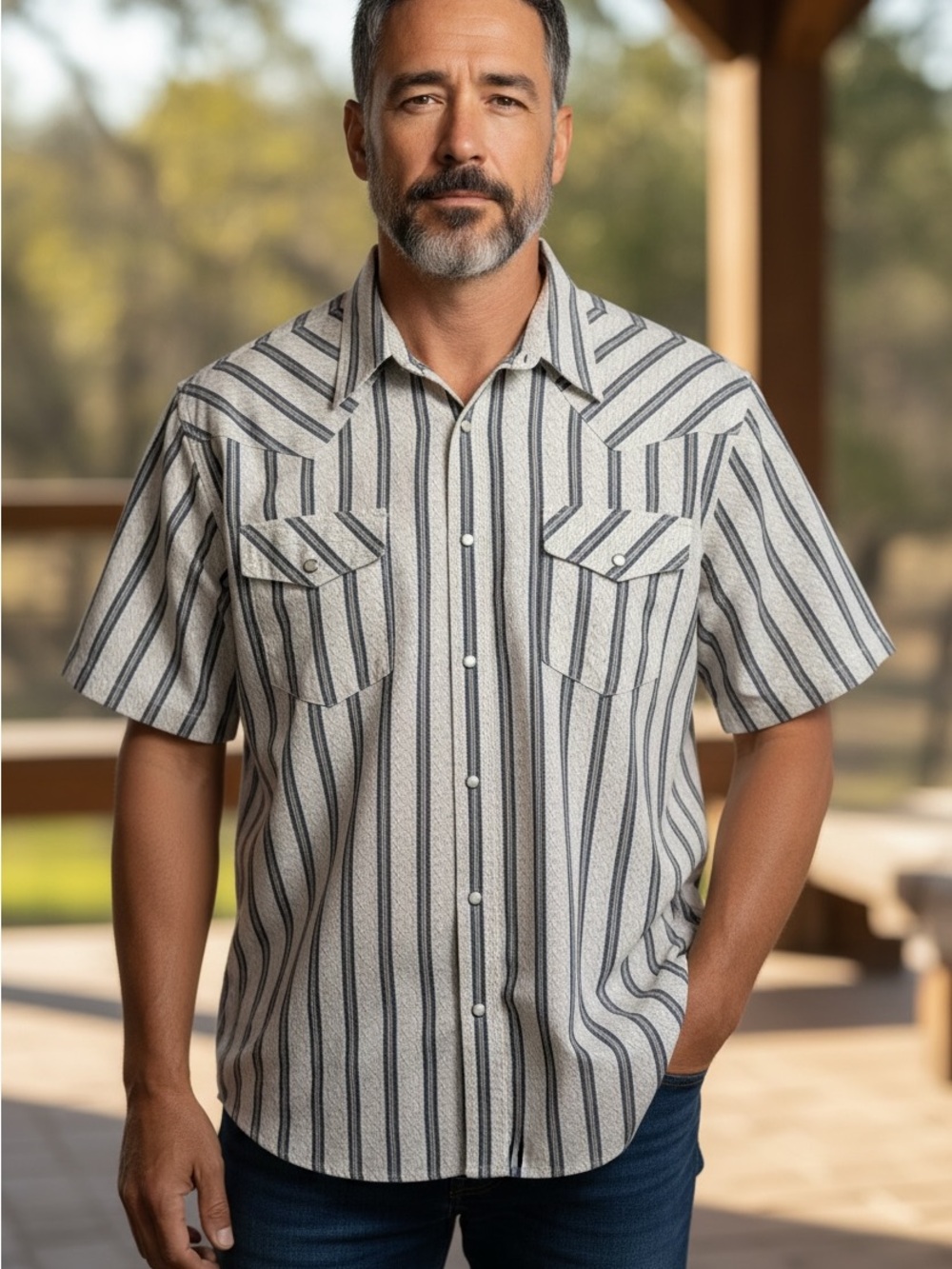 Gibson Short Sleeve Vertical Stripe Button-Down Shirt in Cream & Black